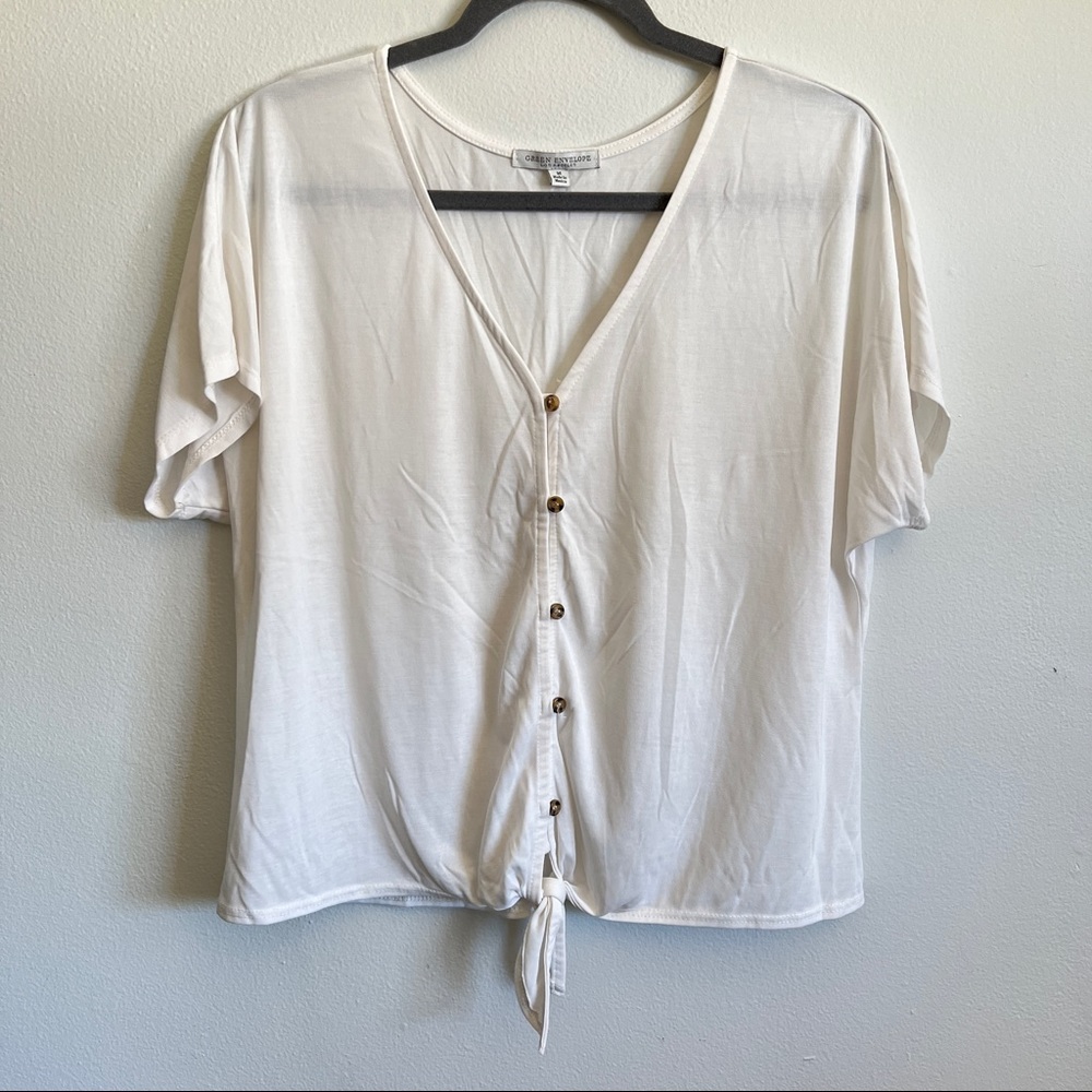 Green Envelope | Cream Button-Down Tied Top